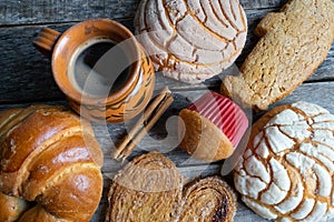 Set of mexican sweet bread and coffee photo