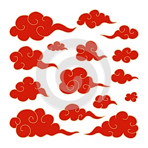 Set of traditional oriental Japanese red swirled clouds with golden outline. Collection of design elements for Chinese New Year,