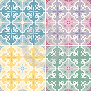 Set of traditional ornate portuguese and brazilian tiles azulejos. Vector illustration. 4 color variations