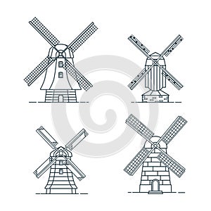 Set of traditional rural windmill in linear style
