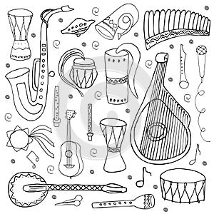 Set of traditional Slavic, Ukrainian musical instruments isolated on a white background. Coloring book. Hand drawn style.