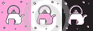 Set Traditional tea ceremony icon isolated on pink and white, black background. Teapot with cup. Vector