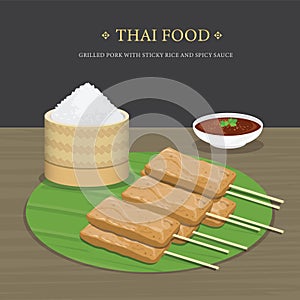 Set of Traditional Thai food, Grilled Pork with sticky rice and spicy sauce over banana leaf. Cartoon Vector illustration.
