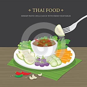 Set of Traditional Thai food, Shrimp Paste Chili Sauce Nam Prik Ka Pi with fresh vegetables. Cartoon Vector illustration.