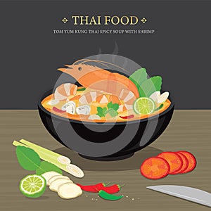Set of Traditional Thai food, Tom Yum Kung is Thai spicy soup with shrimp. Cartoon Vector illustration