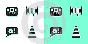 Set Traffic cone, Fire alarm system, Telephone call 911 and hose reel icon. Vector