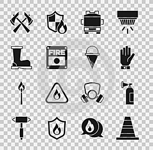 Set Traffic cone, Fire extinguisher, Firefighter gloves, truck, alarm system, boots, axe and bucket icon. Vector