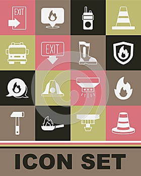 Set Traffic cone, Fire flame, protection shield, Walkie talkie, exit, truck, and boots icon. Vector