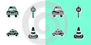 Set Traffic cone, Police car and flasher, Taxi and Speed limit traffic icon. Vector