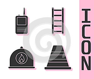 Set Traffic cone, Walkie talkie, Firefighter helmet and Fire escape icon. Vector