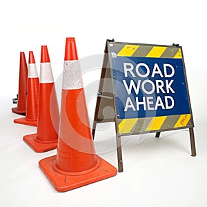 Traffic cones with construction sign isolated on white background