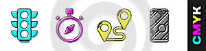 Set Traffic light, Compass, Route location and City map navigation icon. Vector