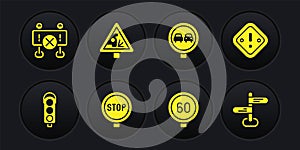 Set Traffic light, Exclamation mark in triangle, Stop sign, Speed limit traffic, No overtaking road, Warning, Road and