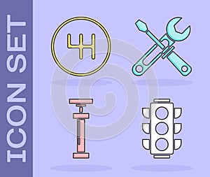 Set Traffic light, Gear shifter, Car air pump and Screwdriver and wrench tools icon. Vector