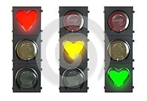 Set of traffic light with heart shaped lamps