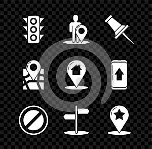 Set Traffic light, Map marker with silhouette of person, Push pin, Stop sign, Road traffic, pointer star, Folded map