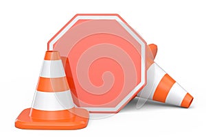 Set of traffic road cones and sign for under construction road work on white