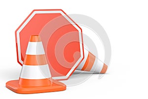 Set of traffic road cones and sign for under construction road work on white