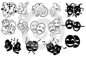 Set of tragedy and comedy theater masks . Collection of theater masks. Black and white illustration of carnival masks