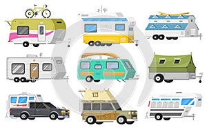 A set of trailers or family RV camping caravan. Tourist bus and tent for outdoor recreation and travel. Mobile home