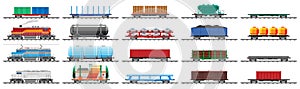Set of train cargo wagons, cisterns, tanks, cars