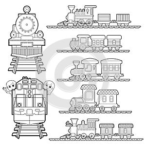 Set of Train cartoon , train travel with kids and friend coloring page for toddler vector