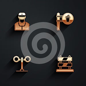 Set Train conductor, Cafe and restaurant location, traffic light and End of railway tracks icon with long shadow. Vector