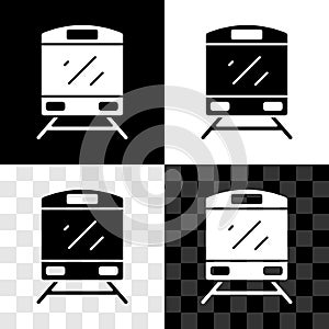 Set Train icon isolated on black and white, transparent background. Public transportation symbol. Subway train transport