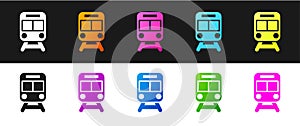 Set Train and railway icon isolated on black and white background. Public transportation symbol. Subway train transport