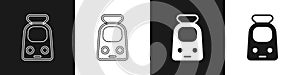 Set Train and railway icon isolated on black and white background. Public transportation symbol. Subway train transport