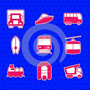 Set Train and railway, Rafting boat, Delivery cargo truck, Cable, Oil tanker ship, Surfboard, Bus and icon. Vector