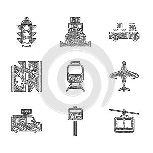 Set Train and railway, Road traffic signpost, Cable car, Plane, TV News, Broken road, Delivery truck and Traffic light