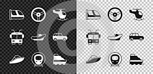 Set Train and railway, Steering wheel, Helicopter, Speedboat, Cruise ship, Trolleybus and Rafting icon. Vector