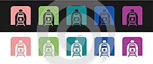 Set Train in railway tunnel icon isolated on black and white background. Railroad tunnel. Vector