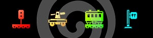 Set Train traffic light, Draisine or handcar, Passenger train cars and Cafe restaurant location icon. Vector