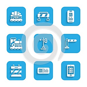 Set Train traffic light, QR code ticket train, Buy online, Railway barrier, End of railway tracks, Vintage locomotive, E