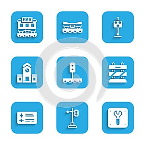 Set Train traffic light, Repair of railway, End tracks, Road signpost, Railway station, and Restaurant train icon