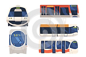 Set Train, Tram, Metro Front and Side View Isolated Transport. Urban Express Train, Subway Locomotive, Modern Commuter