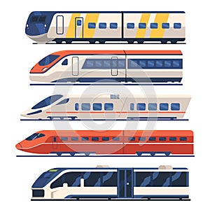 Set Train, Tram and Metro Side View, Subway Locomotive on Rails, Modern Commuter City Transport, Railway Vehicle Modes