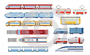Set Train, Tram and Metro Top and Side View, City and Industrial Railway Vehicle Modes. Urban Express Train, Transport