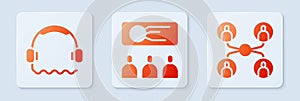 Set Training, presentation, Headphones and Online class. White square button. Vector