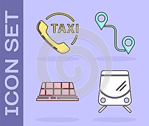 Set Tram and railway, Taxi call telephone service, Taxi car roof and Route location icon. Vector