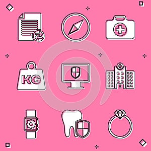 Set Transfer files, Wind rose, First aid kit, Weight, Monitor and shield and Medical hospital building icon. Vector