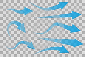 Set of transparent blue arrows showing air flow isolated on transparent background. Flat style. Vector