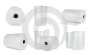 Set with transparent bubble wrap rolls on white background