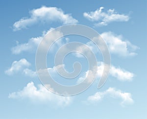 Set of transparent different clouds isolated on blue background. Real transparency effect. Vector illustration