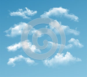 Set of transparent different clouds isolated on blue background. Real transparency effect. Vector illustration