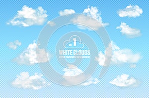 Set of transparent different clouds isolated on blue background. Real transparency effect. Vector illustration EPS10