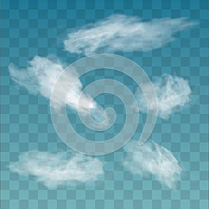 Set of transparent different clouds. White cloud vector, fog or smog