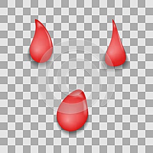 Set of transparent drops in red colors. Blood or wine. Vector for any background